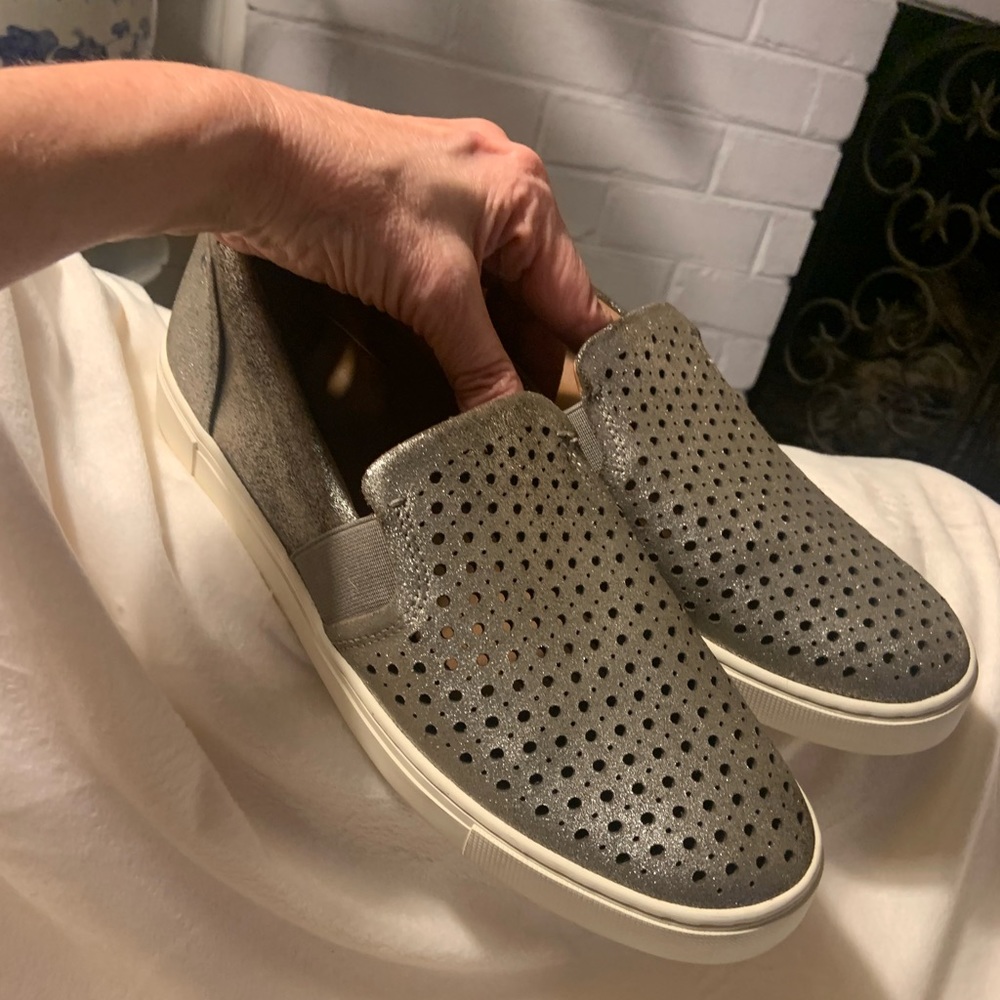 Frye & Co Pewter Perforated Slip-Ons, Loafers Shoes Sneakers Silver Women's 9